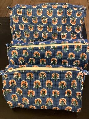 Raj Kantha Quilted Cotton Floral Print Cosmetic Pouch Set of 3 blue